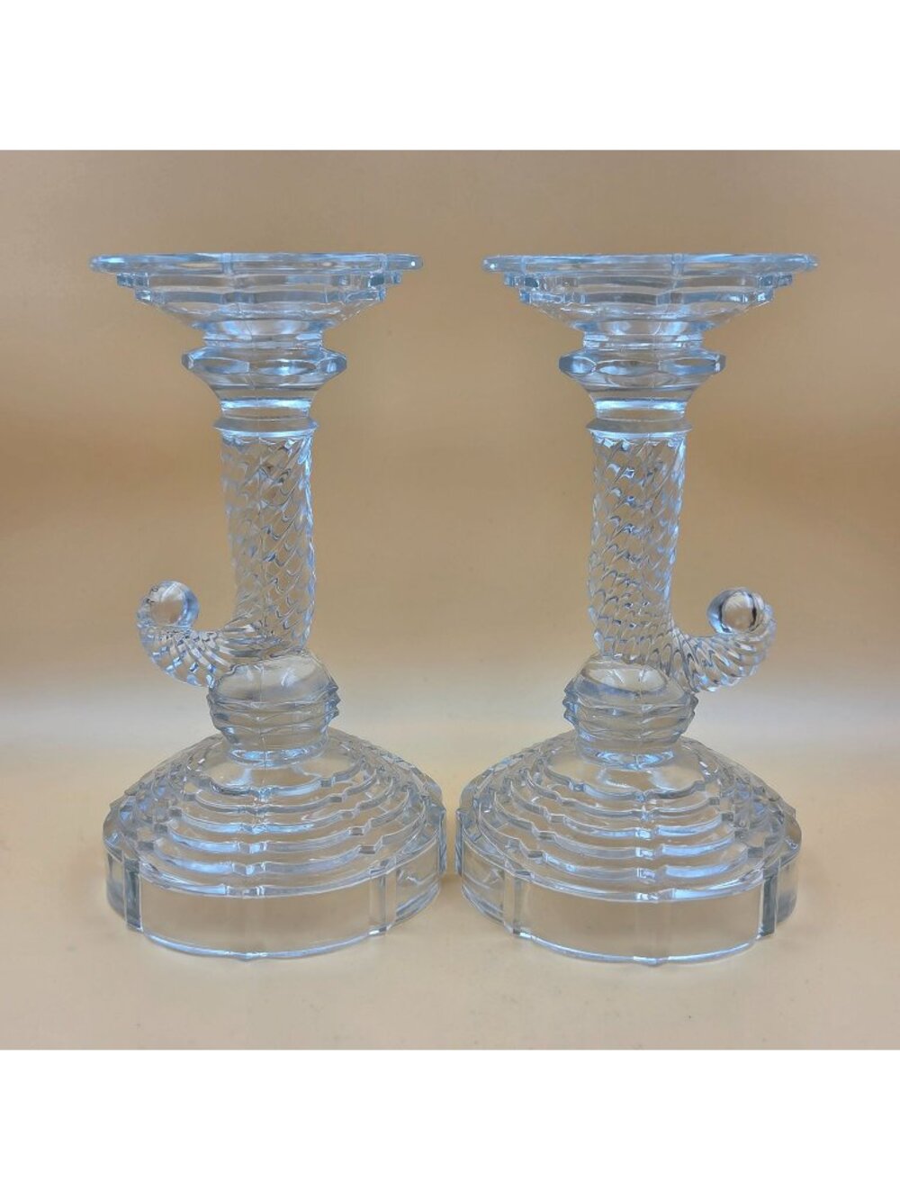 Indiana Glass Cornucopia Clear Glass Candlesticks Set of 2 Vintage